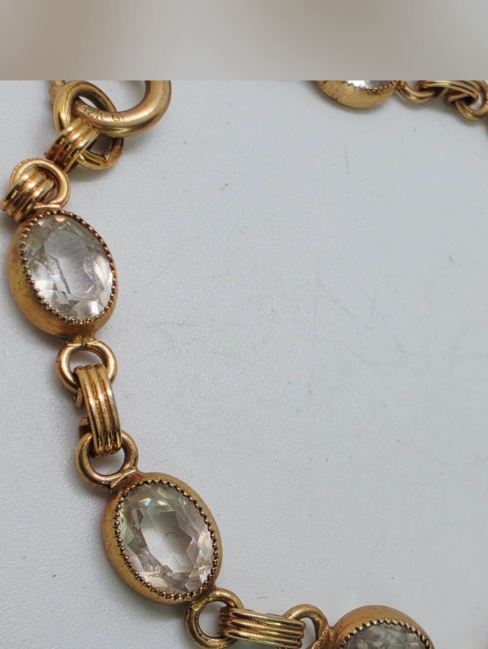 Vintage 1/20 12K GF Rock Crystal Bezel Link Tennis Bracelet Oval Faceted Stones